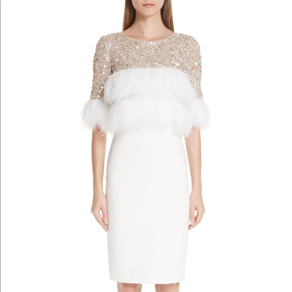 BADGLEY MISCHKA Feather Cocktail Light Ivory Dress